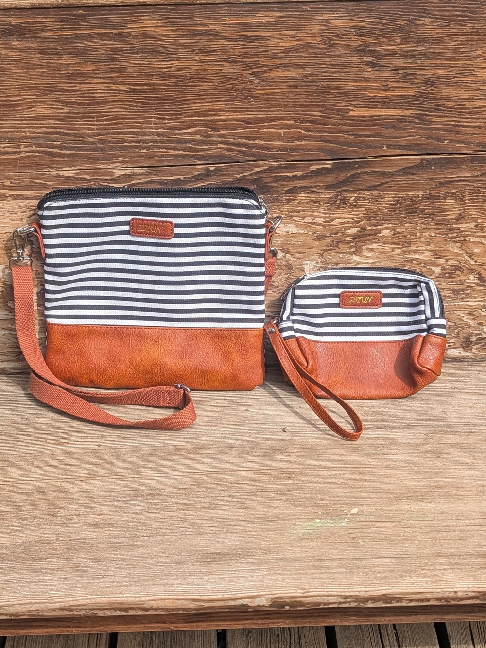 Striped Navy & Tan Crossbody Bag with Wristlet - Unbranded